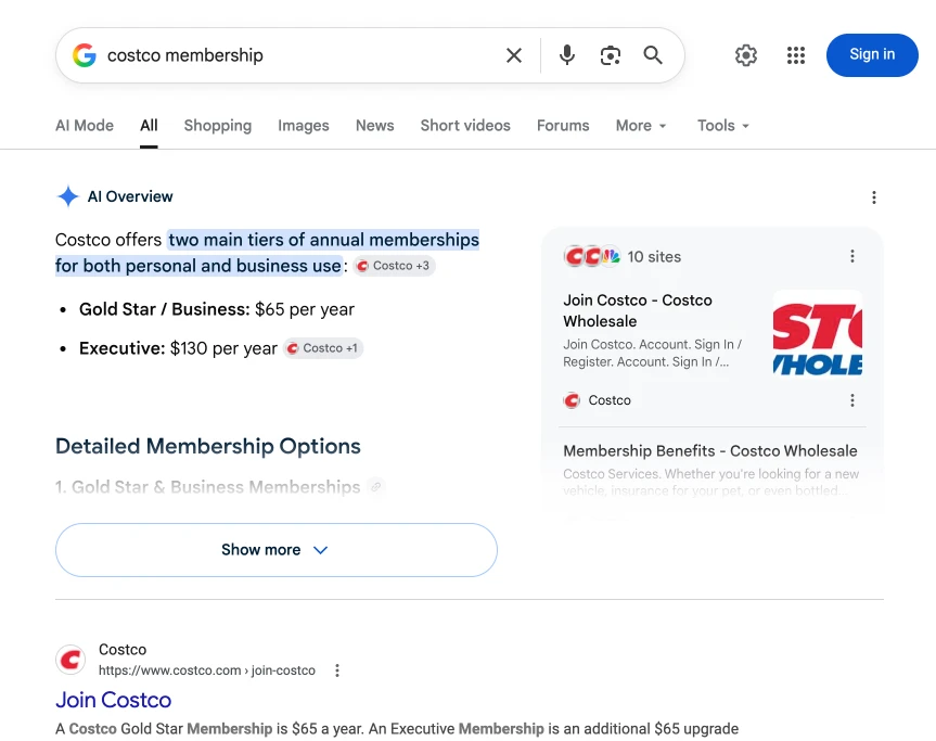 Google search for 'costco membership' showing AI Overview and noise before the actual Costco link